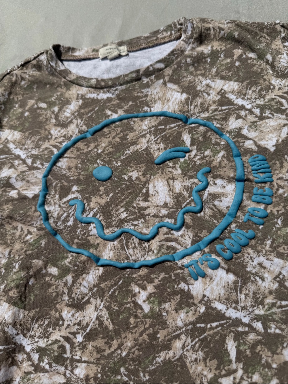 Kids Short Sleeve Tee with Blue Smiley Graphic - Olive Camo